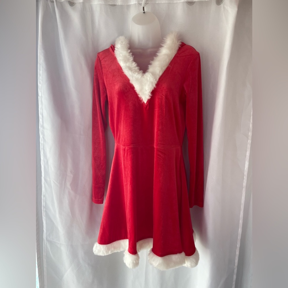 Threadbare Tall Santa Christmas velour hooded mini dress with faux fur trim